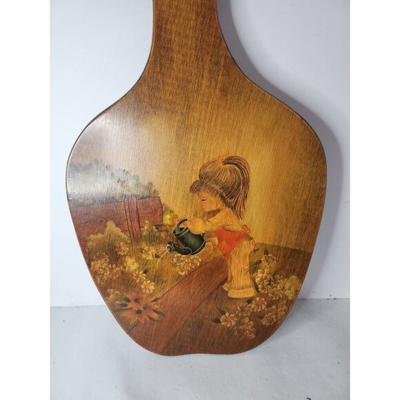 Vintage Lacquered Wood Girl Watering Flowers Chopping Board Wall Hanging Country - Picture 2 of 8